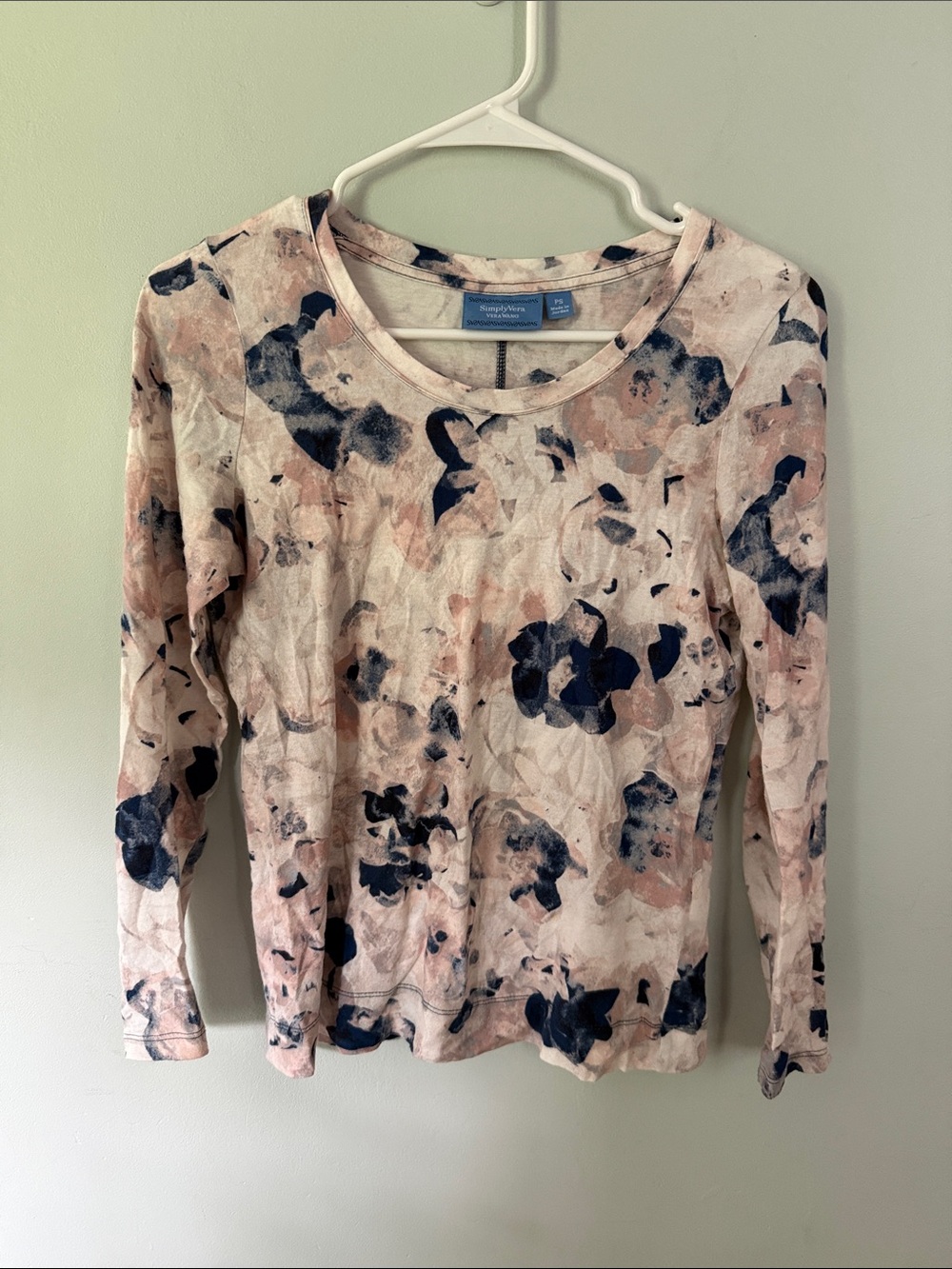 Simply Vera Vera Wang Blush and Navy Floral Long-Sleeve Top Petite Small